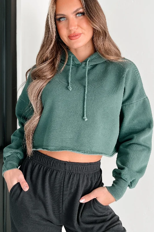 Button - Down Women Sweater for a Versatile LookClarissa Raw Hem Crop Hoodie (Deep Emerald)