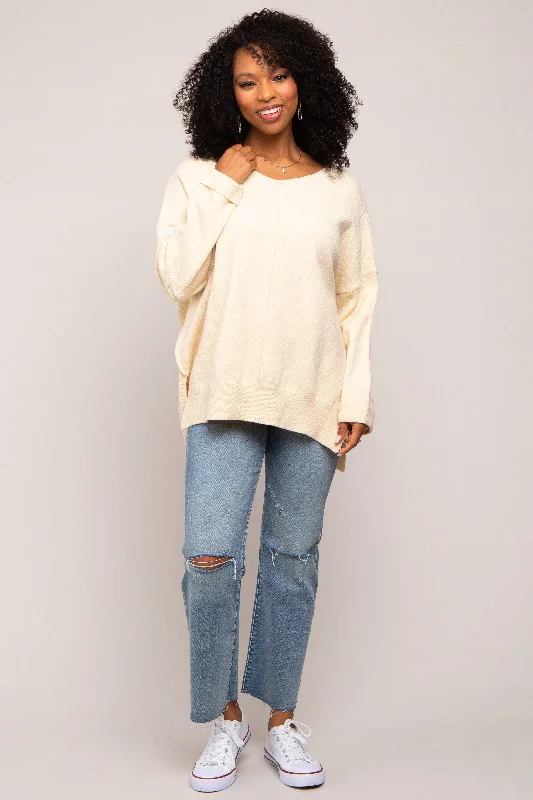 V - Neck Women Sweater to Elongate the NecklineCream Dolman Sleeve Side Slit Sweater