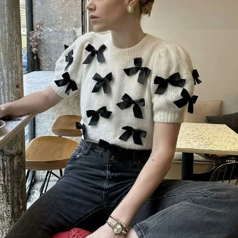 Sequin - Embellished Women Sweater for Special OccasionsCute Bow Trim Ribbed Knit Crew Neck Puff Sleeve Summer Crop Sweater