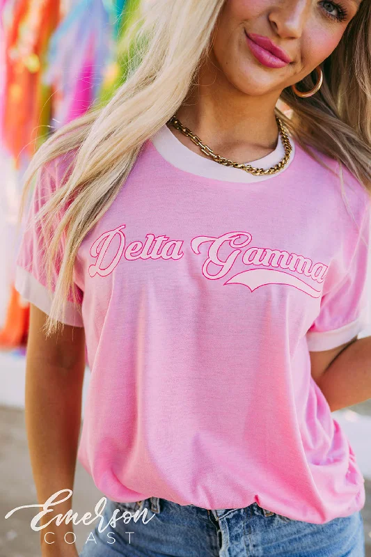 Ringer T Shirt Women with Retro - Inspired StripesDelta Gamma Pink Ringer