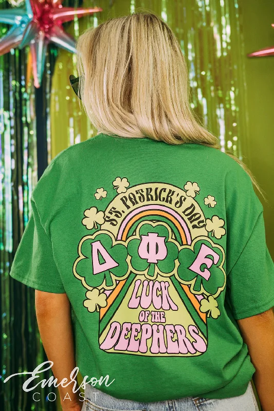 Tie - Dye Women T Shirt with a Bohemian VibeTie - Dye Women T Shirt with a Bohemian VibeDelta Phi Epsilon Founders Day Luck Of The Deephers Tee