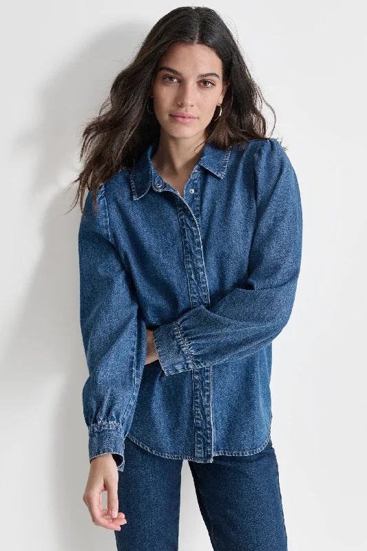 Button - Down Women Sweater for a Versatile LookPUFF SLEEVE DENIM SHIRT