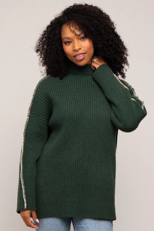 Chunky Knit Women Sweater for Winter WarmthForest Green Contrast Stitch Turtleneck Sweater