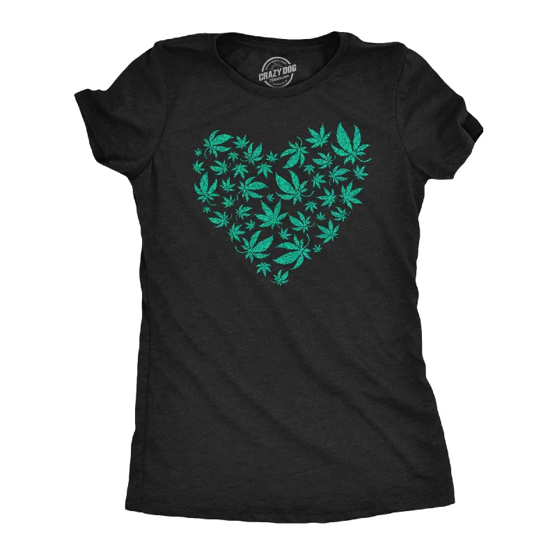 Distressed Women T Shirt with a Laid - Back AestheticDistressed Women T Shirt with a Laid - Back AestheticGlitter Heart Made Of Pot Leaves Women's T Shirt