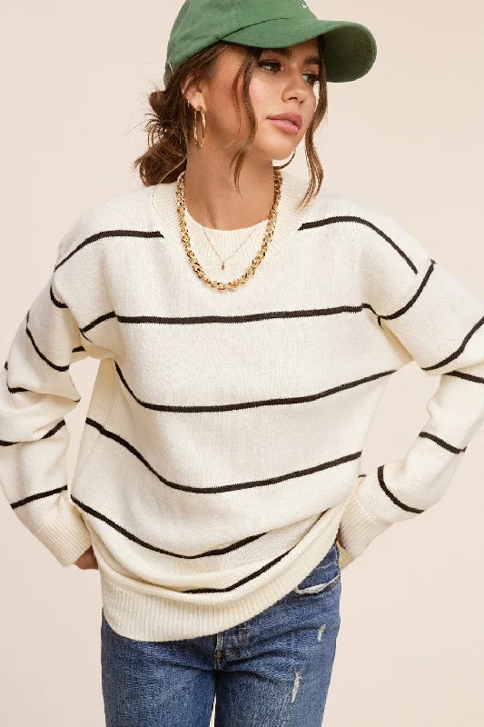 Long - Sleeve Women Sweater with Ribbed CuffsIvory Striped Mock Neck Sweater