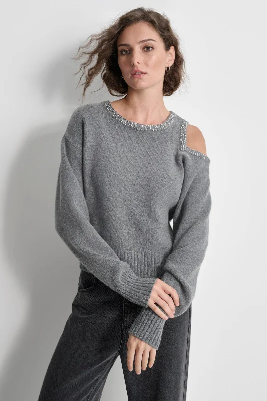 Cropped Women Sweater to Pair with High - Waisted BottomsCOLD SHOULDER SWEATER