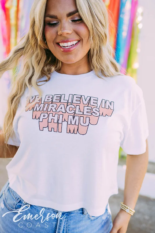 Pocketed Women T Shirt for Added FunctionalityPhi Mu We Believe In Miracles Crop Tee