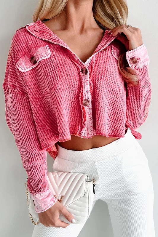 Plus - Size Women Sweater with a Flattering FitPromise Of Fall Acid Wash Waffled Crop Shacket (Fuchsia)