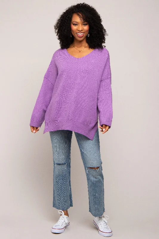 Cropped Women Sweater to Pair with High - Waisted BottomsPurple Dolman Sleeve Side Slit Sweater