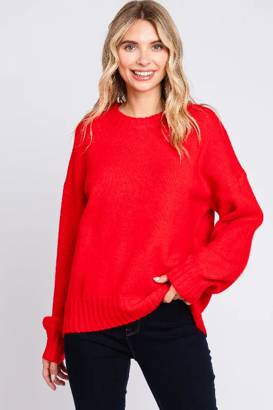 Hand - Knitted Women Sweater with Artisanal CharmRed Ribbed Cuff Sweater