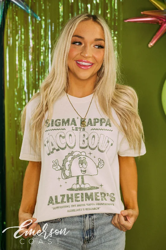 Floral Print Women T Shirt for a Feminine TouchFloral Print Women T Shirt for a Feminine TouchSigma Kappa Philanthropy Taco Bout Alzheimers Tee
