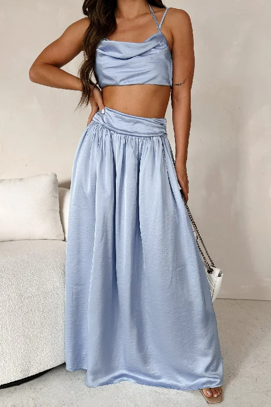 Open - Front Women Sweater for Easy LayeringSophisticated Beauty Satin Two-Piece Skirt Set (Light Blue)