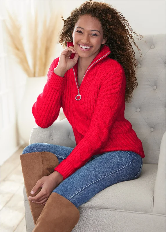 Open - Front Women Sweater for Easy LayeringQuarter Zip Sweater - Red