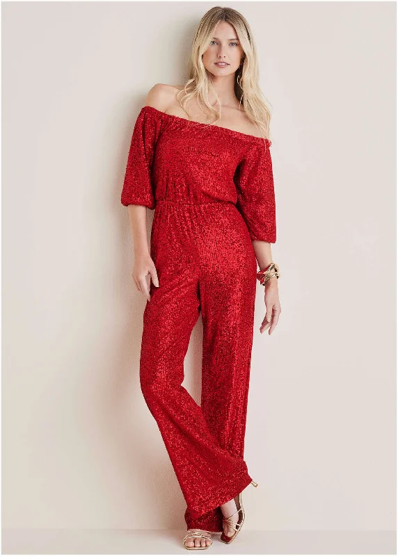 Floral Print Women Sweater for a Feminine AppealOff-Shoulder Sequin Jumpsuit - Goji Berry