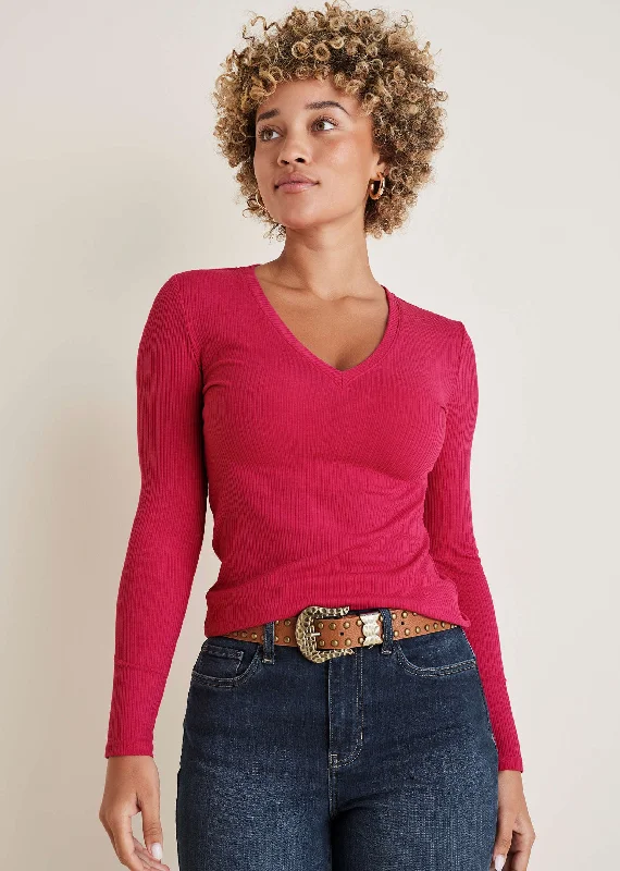 Open - Front Women Sweater for Easy LayeringRibbed Long Sleeve V-Neck - Barberry