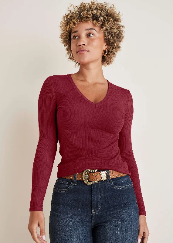 Striped Women Sweater with a Timeless PatternRibbed Long Sleeve V-Neck - Wine