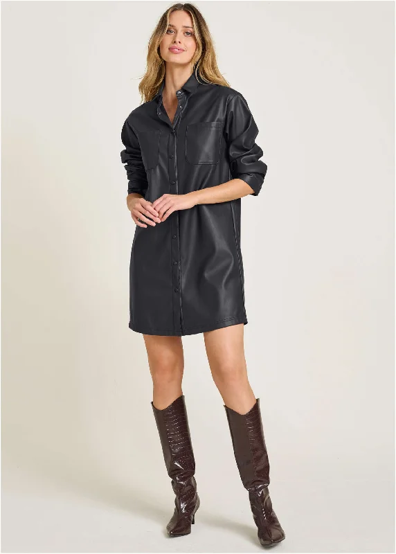 Long - Sleeve Women Sweater with Ribbed CuffsFaux Leather Shirt Dress - Black