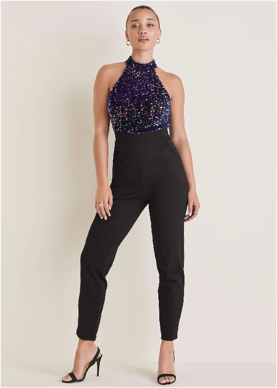 Color - Blocked Women Sweater for a Bold Fashion StatementHigh Neck Sequin Jumpsuit - Fantasy Sequins