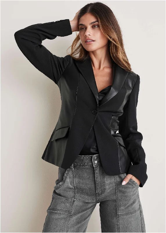 Oversized Women Sweater for a Cozy and Fashionable LookFaux Leather Detail Blazer - Black