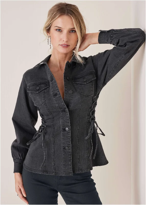 Lightweight Women Sweater for Spring and FallLace Up Denim Jacket - Black Wash