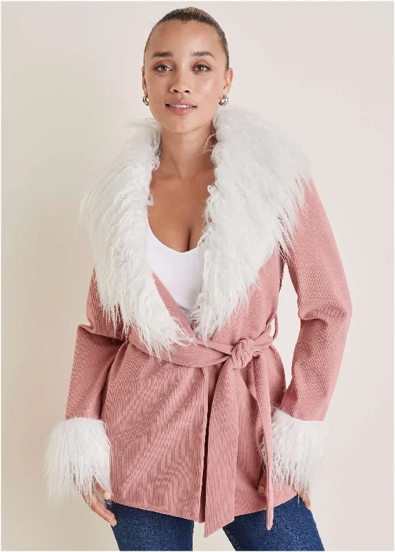 Organic Cotton Women Sweater for an Eco - Friendly ChoiceCorduroy Fur Trim Coat - Pink