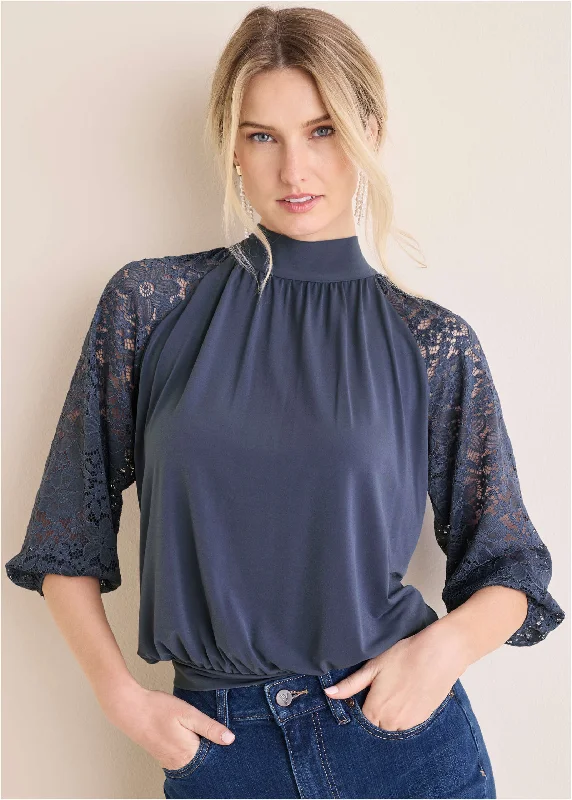 Lightweight Women Sweater for Spring and FallLace Sleeve Blouse - Vintage Indigo