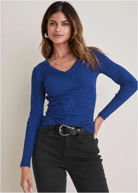 Cashmere Women Sweater with a Luxurious Soft TouchRibbed Knit V-Neck Sweater  - Sodalite Blue