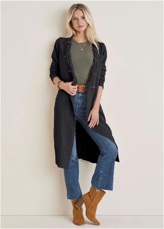 Oversized Women Sweater for a Cozy and Fashionable LookButton Detail Duster  - Black