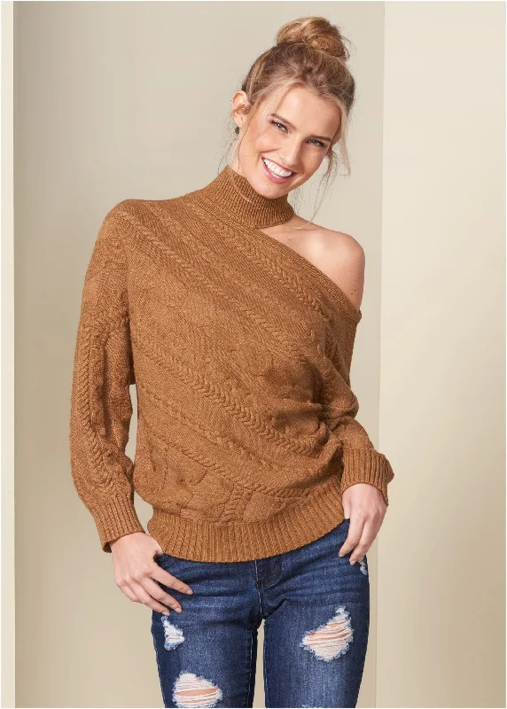 Color - Blocked Women Sweater for a Bold Fashion StatementOne-Shoulder Turtleneck Sweater - Brown