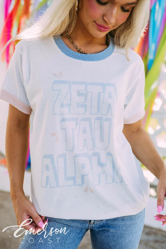 Distressed Women T Shirt with a Laid - Back AestheticZeta Tau Alpha Pastel Colorblock Ringer