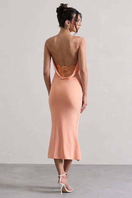 Mini Women Dress with a Short Hem for a Young and Trendy StyleMini Women Dress with a Short Hem for a Young and Trendy StyleAddison | Coral Cowl-Neck Open-Back Midi Dress With Lace