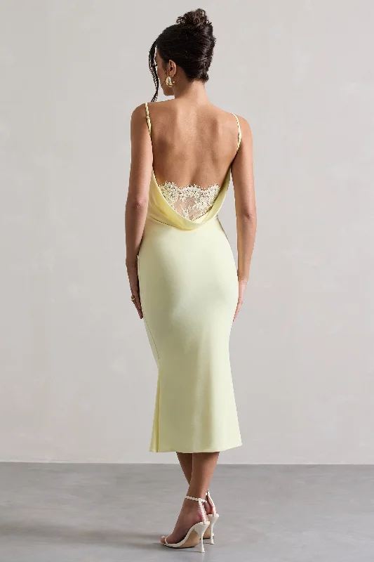 Mermaid - Style Women Dress with a Fitted Silhouette for Special OccasionsMermaid - Style Women Dress with a Fitted Silhouette for Special OccasionsAddison | Lemon Cowl-Neck Open-Back Midi Dress With Lace