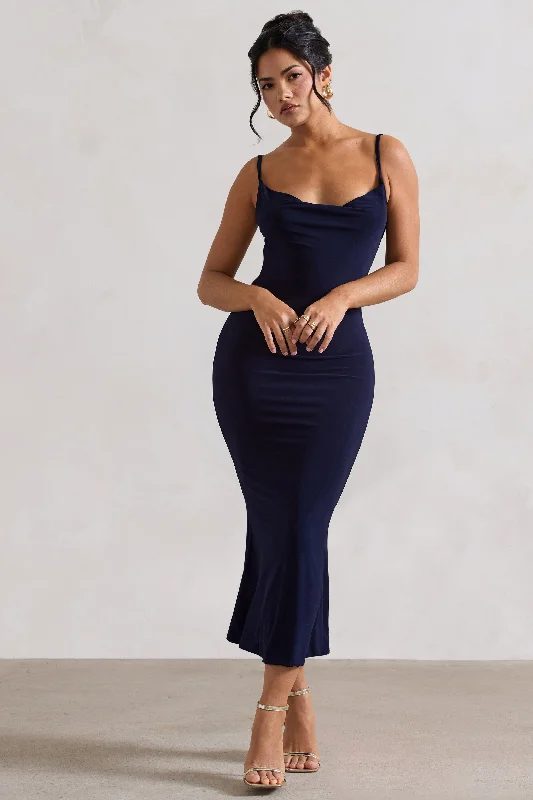 Pleated Women Dress with a Timeless and Elegant TexturePleated Women Dress with a Timeless and Elegant TextureAddison | Navy Cowl-Neck Open-Back Midi Dress With Lace