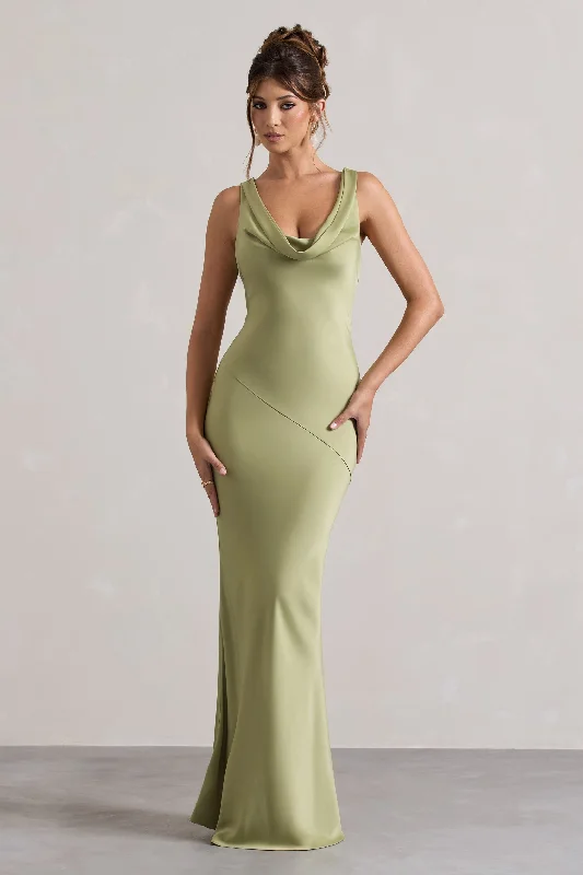 Printed Abstract Women Dress for a Modern and Artistic AppealPrinted Abstract Women Dress for a Modern and Artistic AppealAlesso | Light Olive Satin Cowl-Neck Maxi Dress
