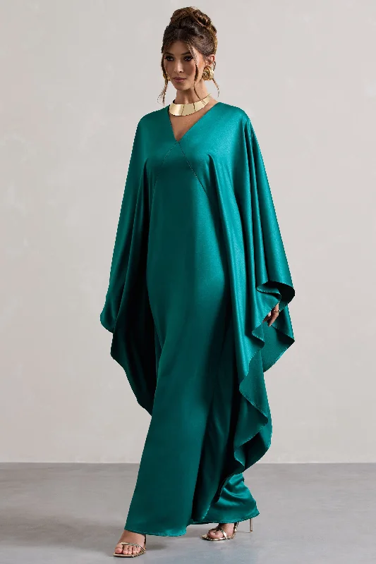 Sheath Women Dress with a Tailored Fit for a Professional LookAlohi | Bottle Green Satin Plunge Cape Maxi Dress