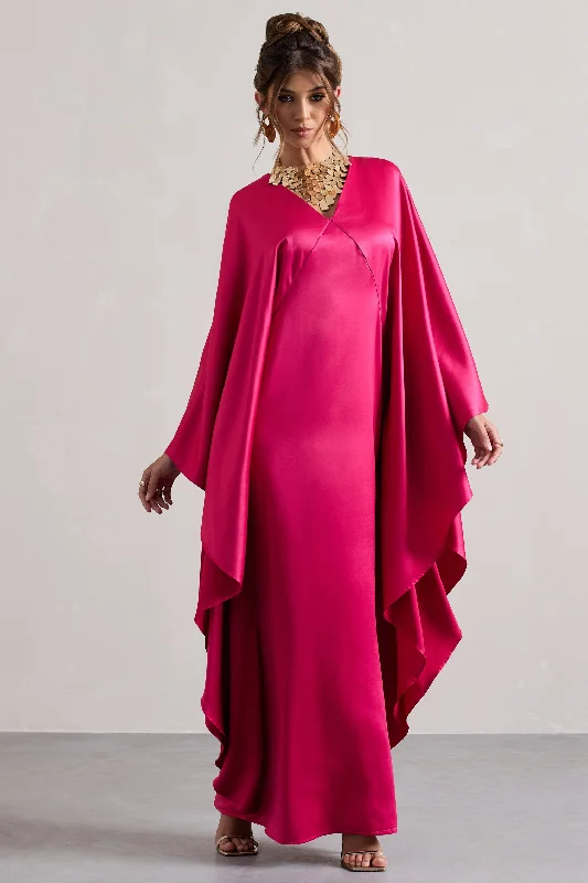 Mini Women Dress with a Short Hem for a Young and Trendy StyleAlohi | Hot Pink Satin Plunge Cape Maxi Dress