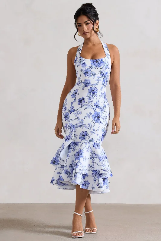 Halter Neck Women Dress to Show Off the Shoulders and NecklineHalter Neck Women Dress to Show Off the Shoulders and NecklineArla | Blue Floral Halter-Neck Ruffle Trim Midi Dress