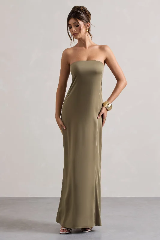 Sheath Women Dress with a Tailored Fit for a Professional LookAzra | Olive Satin Bandeau Maxi Dress