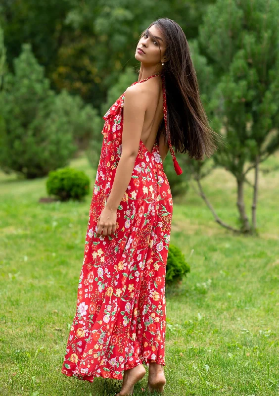 Halter Neck Women Dress to Show Off the Shoulders and NecklineHalter Neck Women Dress to Show Off the Shoulders and NecklineBianca Mix Flowers Red Dress