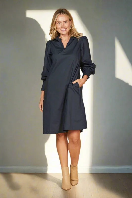 Wrap - Style Women Dress with Adjustable Fit for All Body TypesBlaine Collared Poplin Dress in Navy