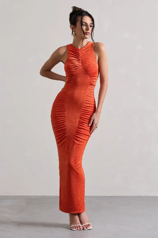 Empire Waist Women Dress to Accentuate the Bust and Conceal the WaistEmpire Waist Women Dress to Accentuate the Bust and Conceal the WaistBombshell | Orange High Neck Diamond Ruched Maxi Dress