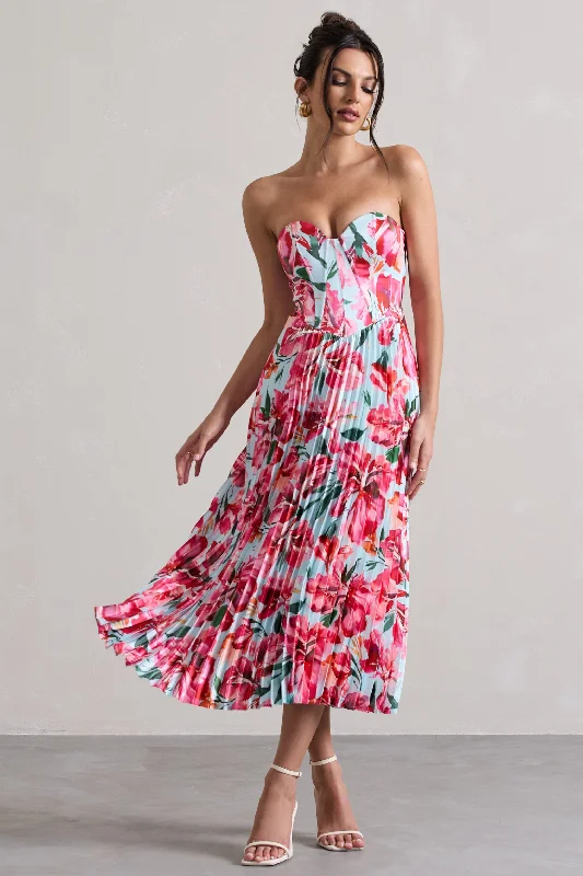Backless Women Dress for a Sexy and Alluring Look at Evening EventsBackless Women Dress for a Sexy and Alluring Look at Evening EventsBordeaux | Mint Floral Print Satin Corset Style Midi Dress
