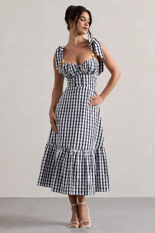 Plus Size Women Dress with a Flattering A - Line Cut for Comfort and StyleBrighton | Black & White Gingham Sweetheart Midi Dress