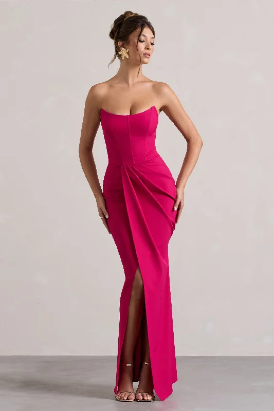 Ruffled Women Dress with Multiple Layers for a Playful and Girly StyleRuffled Women Dress with Multiple Layers for a Playful and Girly StyleBrigitte | Hot Pink Strapless Corset Wrap Maxi Dress