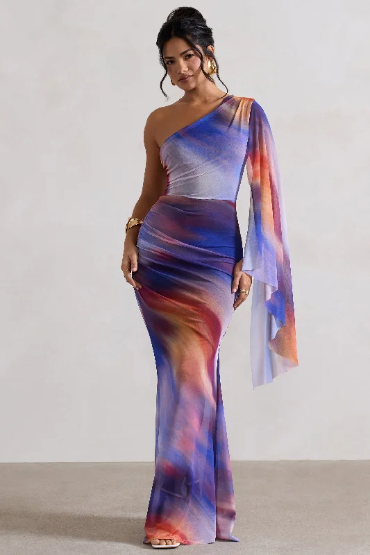Wrap - Style Women Dress with Adjustable Fit for All Body TypesWrap - Style Women Dress with Adjustable Fit for All Body TypesBrisa | Ombre Print Mesh Asymmetric Ruched Maxi Dress