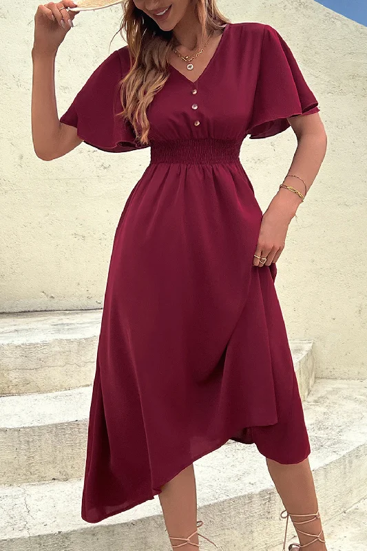 Maxi Women Dress with Floral Print for a Bohemian VibeMaxi Women Dress with Floral Print for a Bohemian VibeBurgundy Flutter Sleeve V-Neck Summer Dress