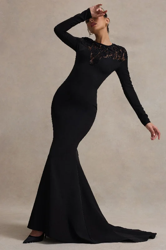 Off - the - Shoulder Women Dress for a Romantic and Feminine LookOff - the - Shoulder Women Dress for a Romantic and Feminine LookCampbell | Black Long-Sleeve Maxi Dress With Lace Detail