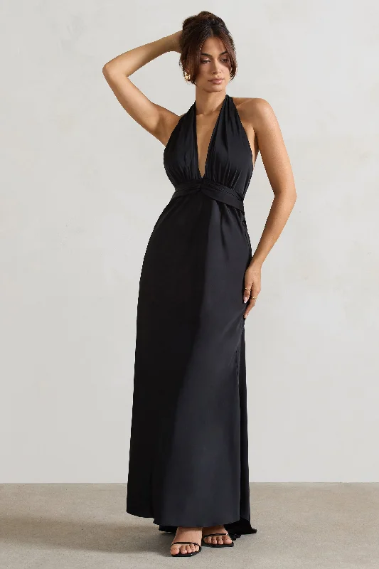 Halter Neck Women Dress to Show Off the Shoulders and NecklineHalter Neck Women Dress to Show Off the Shoulders and NecklineCarolyn | Black Satin Plunge Maxi Dress With Dipped Hem