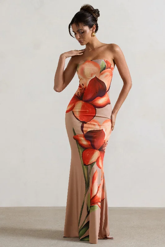 Backless Women Dress for a Sexy and Alluring Look at Evening EventsBackless Women Dress for a Sexy and Alluring Look at Evening EventsCeremony | Orange and Mocha Floral Bandeau Fishtail Maxi Dress