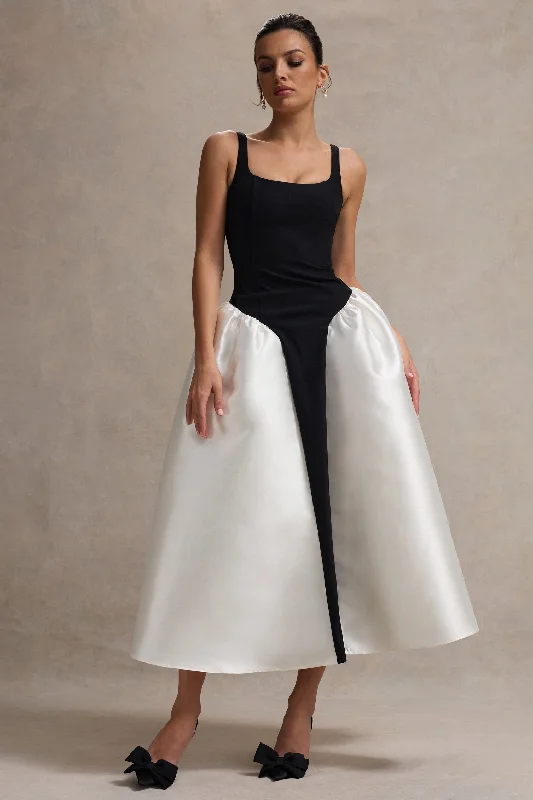 Off - the - Shoulder Women Dress for a Romantic and Feminine LookOff - the - Shoulder Women Dress for a Romantic and Feminine LookChristie | Black and Cream Scoop-Neck Midi Dress With Volume Skirt